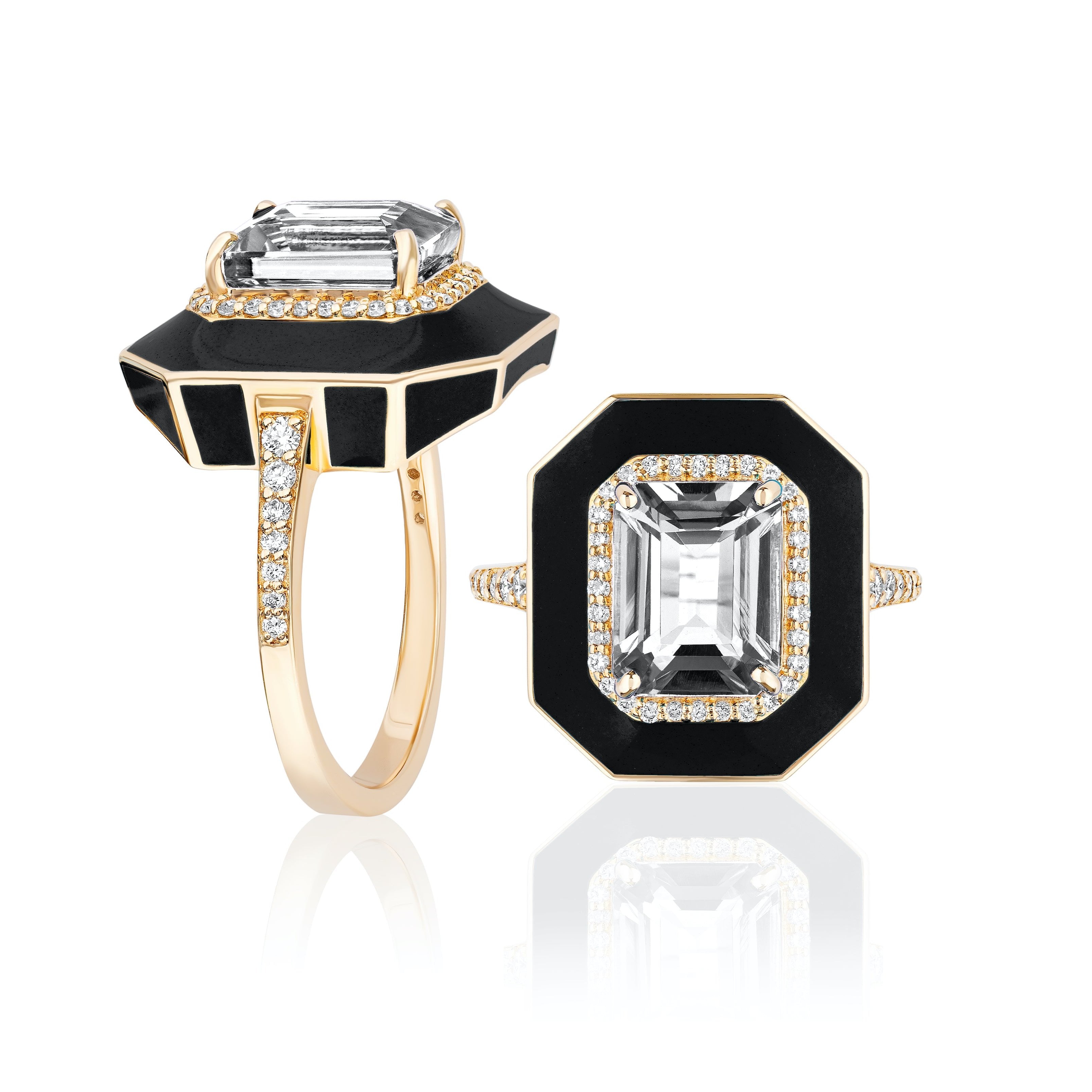 Emerald-Cut Halo Enamel Ring Cocktail Ring Goshwara