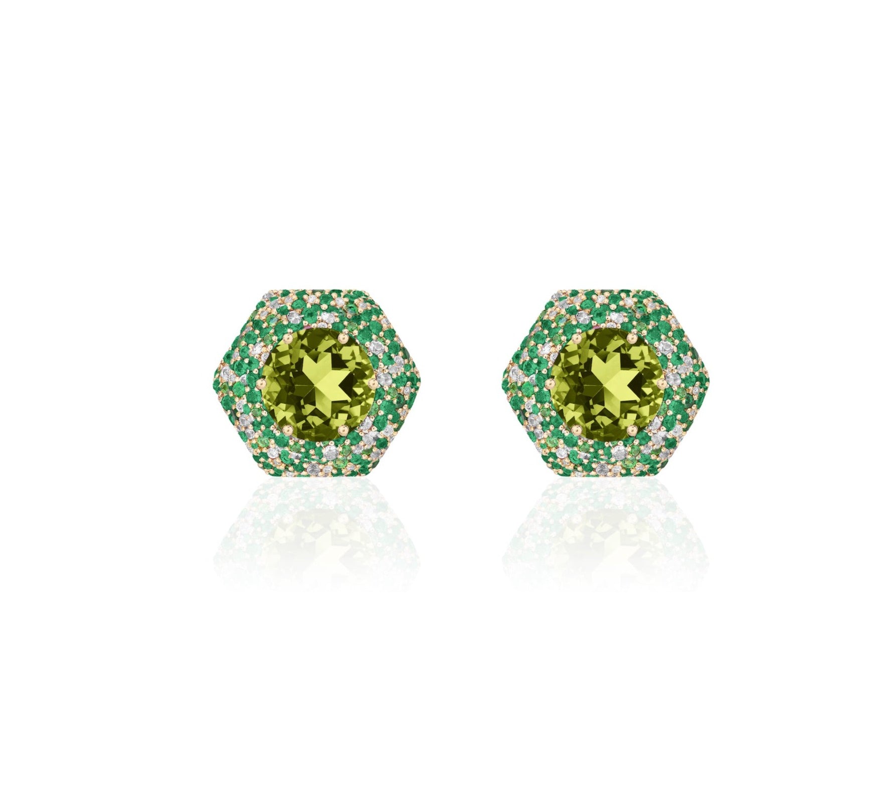 Faceted Round Peridot Studs with Tsavorite and Diamond Studs Goshwara   