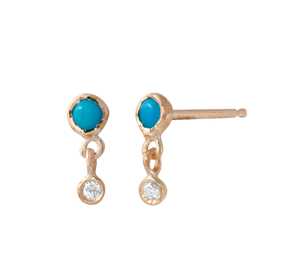 Turquoise and Diamond Dangle Studs, Gold Stud Earrings Jaine K Designs Rose  