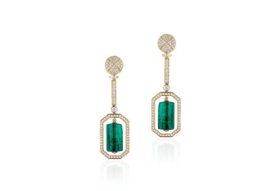 G-One Drum Shape Tumbled Emerald and Diamond Earrings Earrings Goshwara   