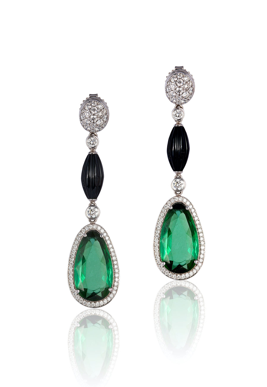G-One Green Tourmaline Pear Shape with Onyx Brio Long Bead Earrings Earrings Goshwara   