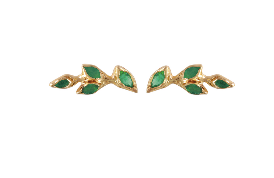 Four Leaf Emerald Stud, Yellow Gold Studs Jaine K Designs   