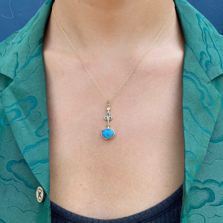 Opal and Trio Pendant Necklace, Australian Blue Opal, Sapphires, Diamonds, 18k Yellow Gold Pendant Svetlana Lazar   