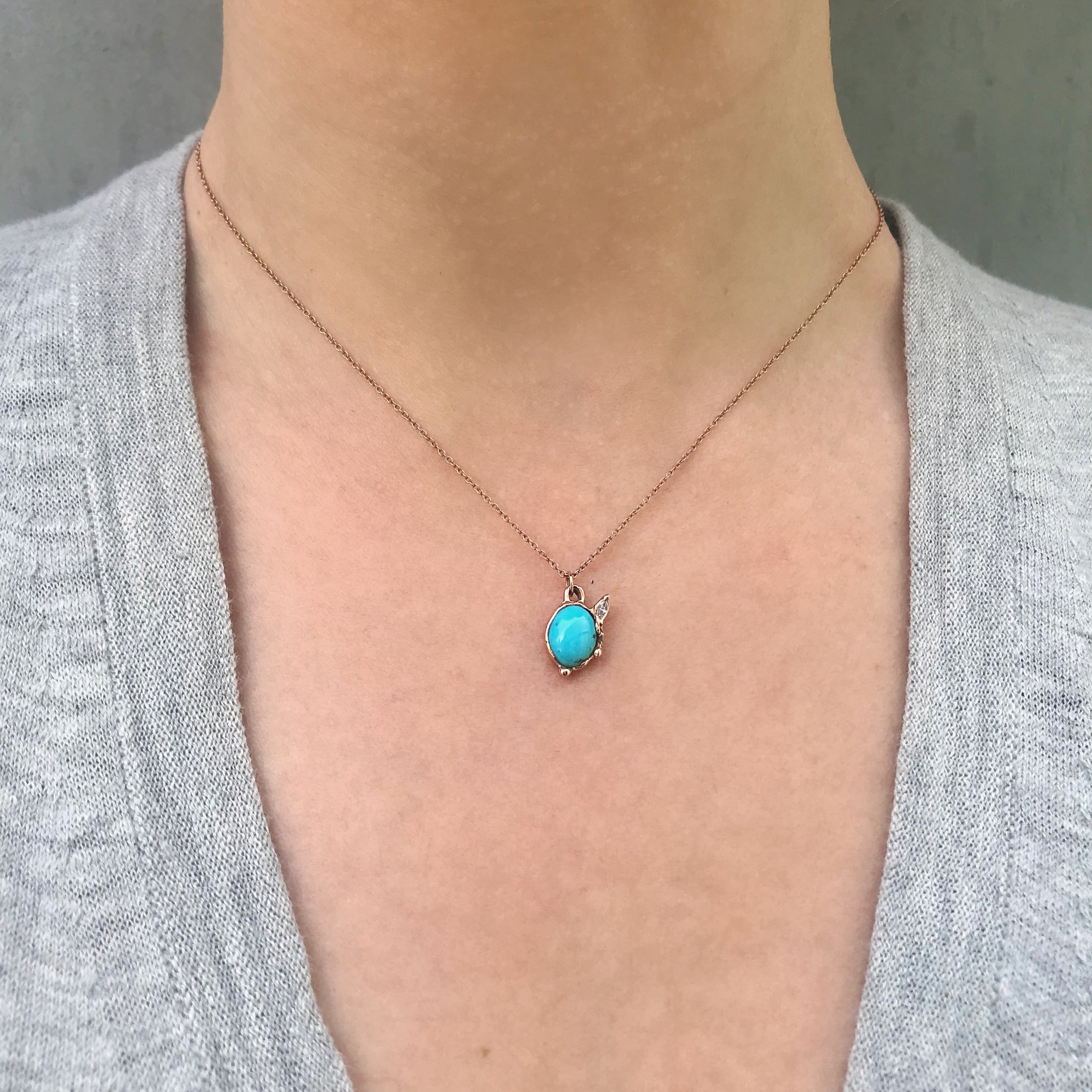 Oval Turquoise and Diamond Necklace, Rose Gold Pendant Jaine K Designs   