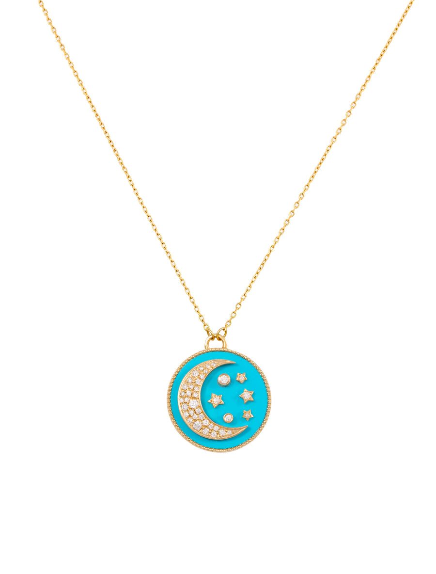 Turquoise Enamel Moon and stars with Diamonds Pendant Latelier Nawbar   