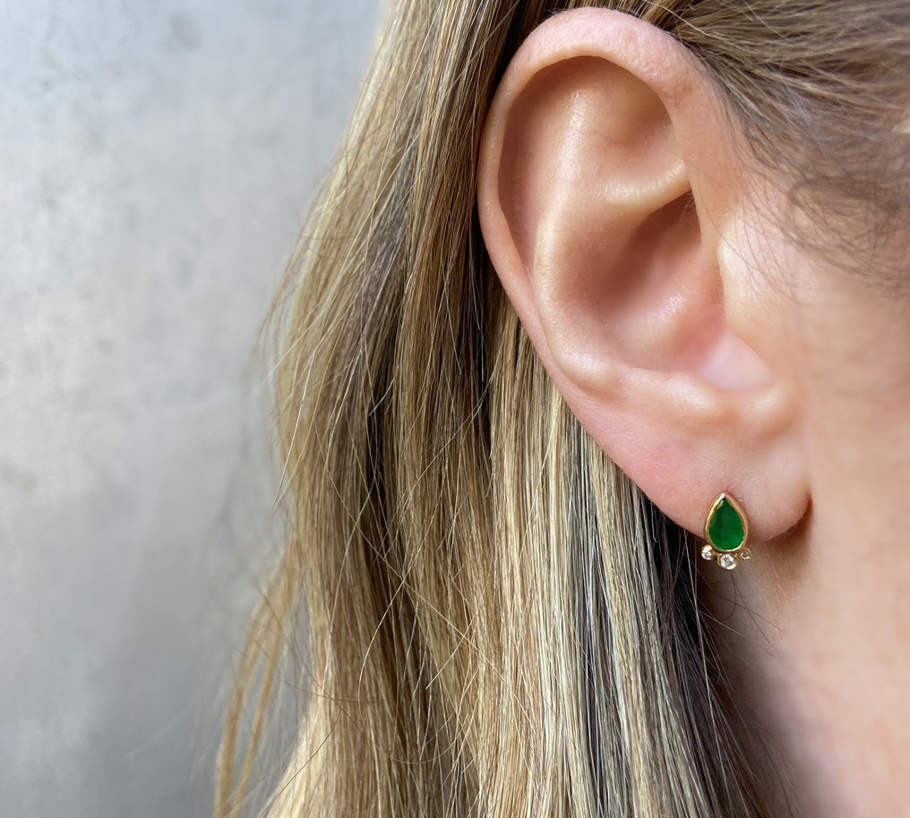 Pear Emerald with Triple Diamond Stud, Yellow Gold Stud Earrings Jaine K Designs   