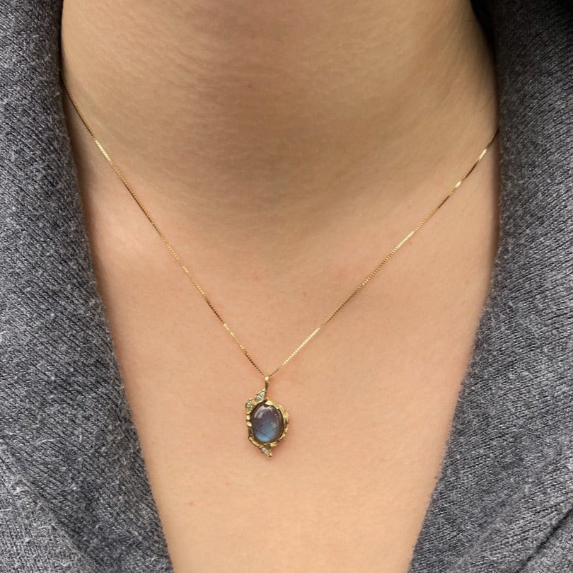 Oval Labradorite with Diamond Leaves Necklace, YG Pendant Jaine K Designs   