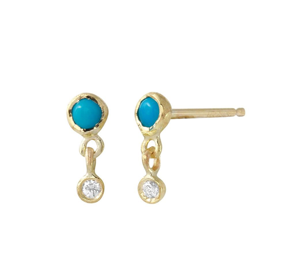 Turquoise and Diamond Dangle Studs, Gold Stud Earrings Jaine K Designs Yellow  