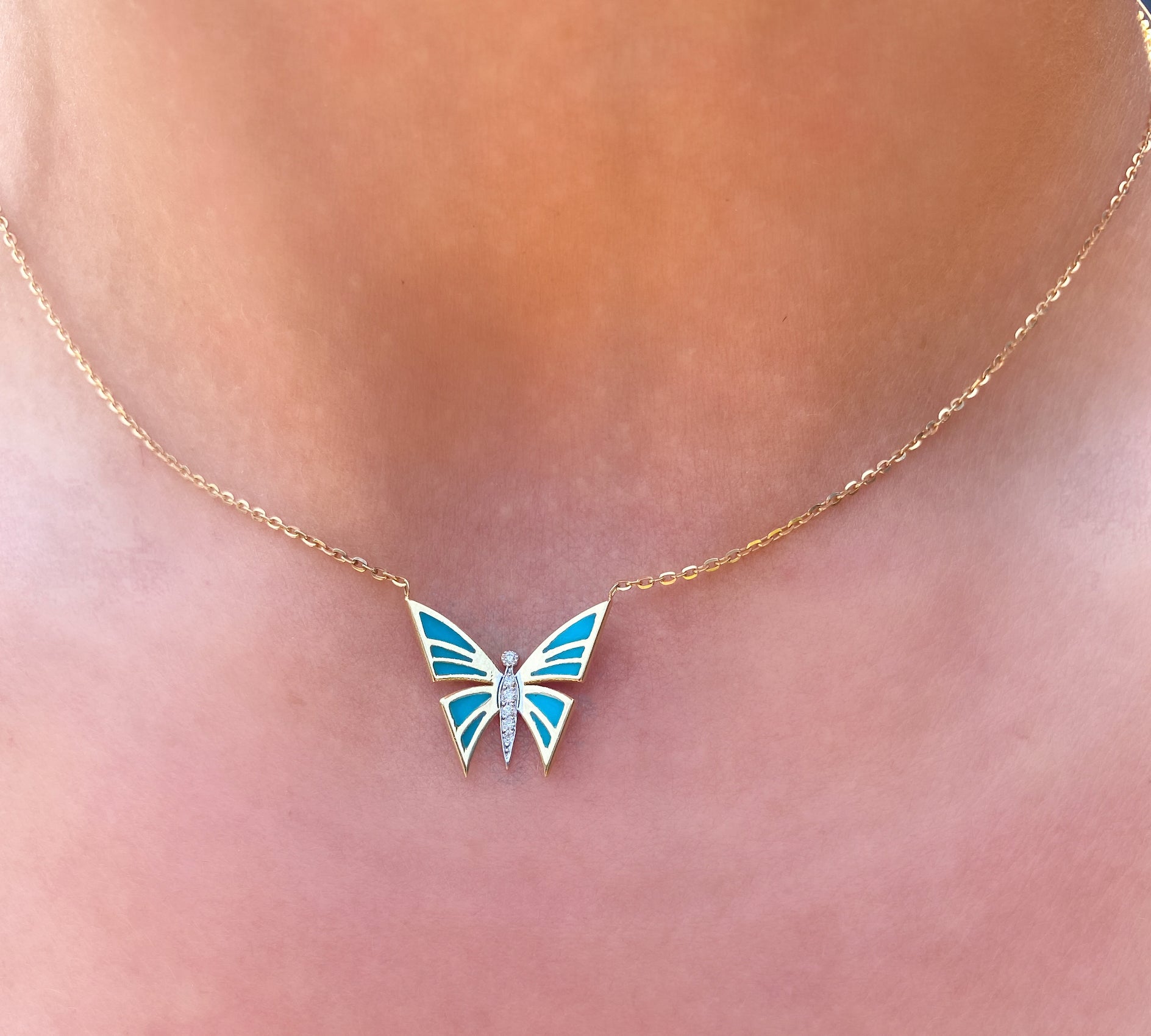 Enamel Butterfly Necklace Pendant Falamank Blue  