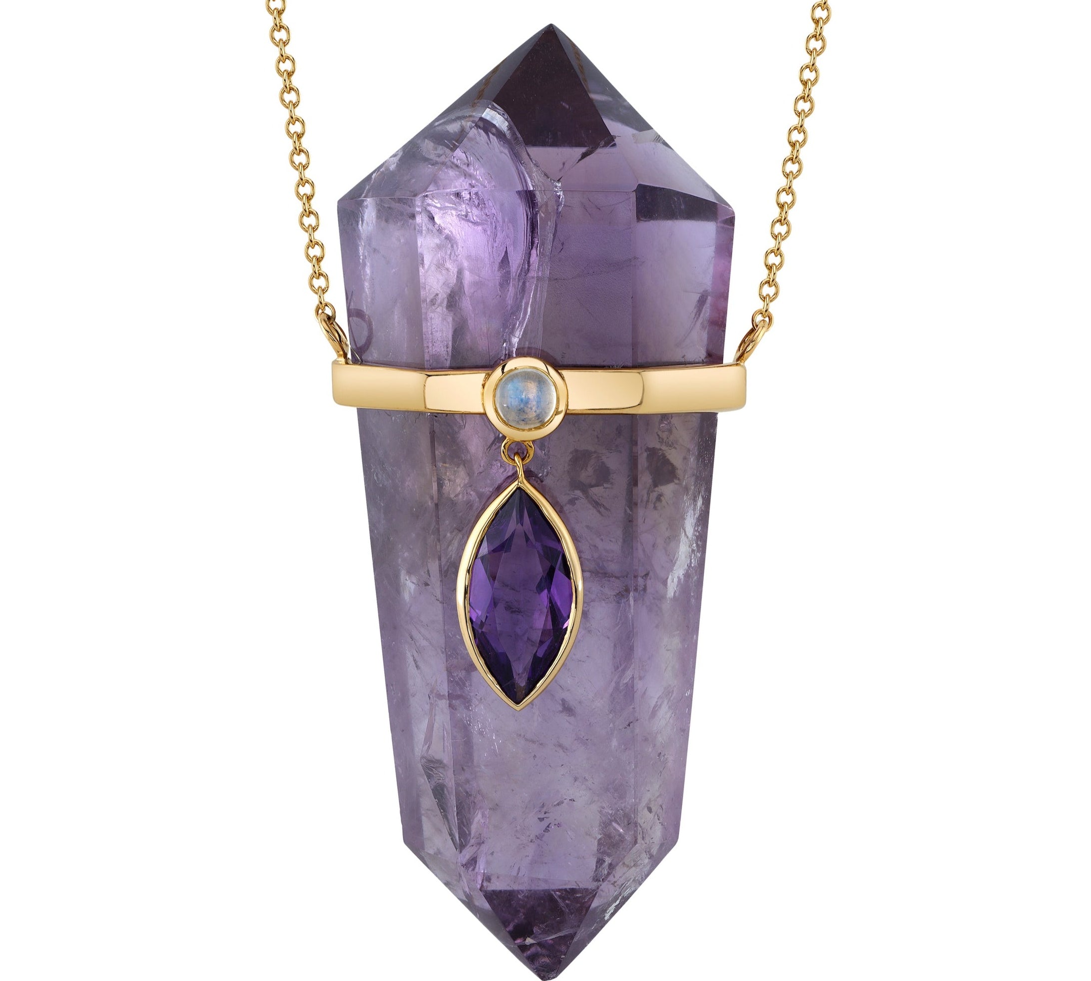 Marquise Drop Amethyst Crystal Pendant, Yellow Gold and Moonstone Pendant House of Ravn   