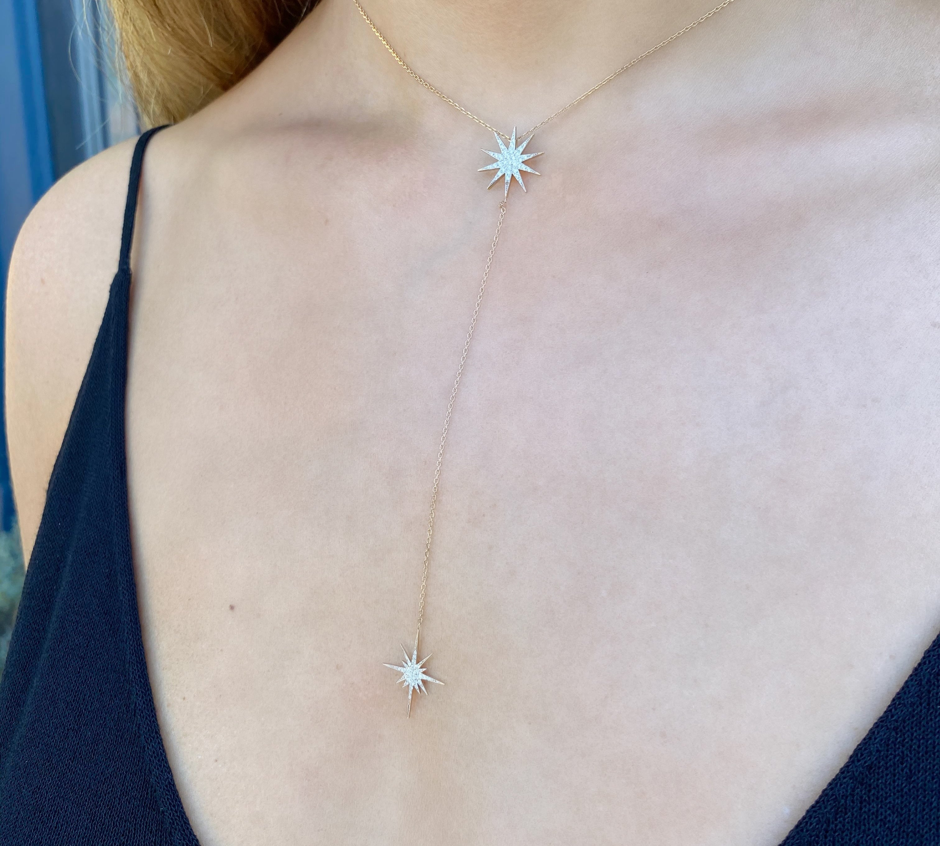 Lariat Star Necklace, White Diamonds, 18K Yellow Gold Lariat Falamank   