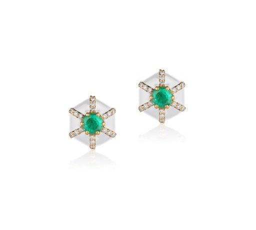 Hexagon Emerald & Diamond Stud Studs Goshwara Yellow Gold  