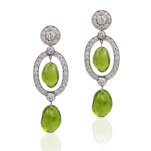 Peridot Tumble Bead Earrings with Diamonds Drop Goshwara   