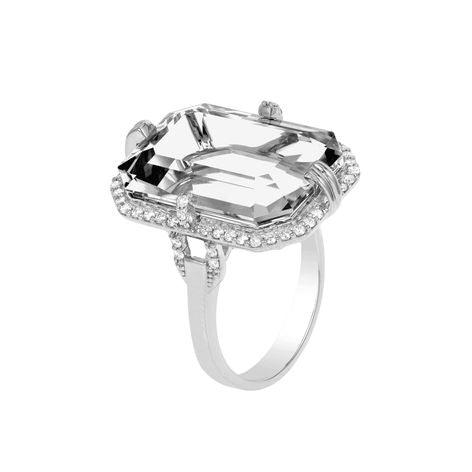 Rock Crystal Emerald-Cut Ring with Diamonds Cocktail Ring Goshwara White Gold