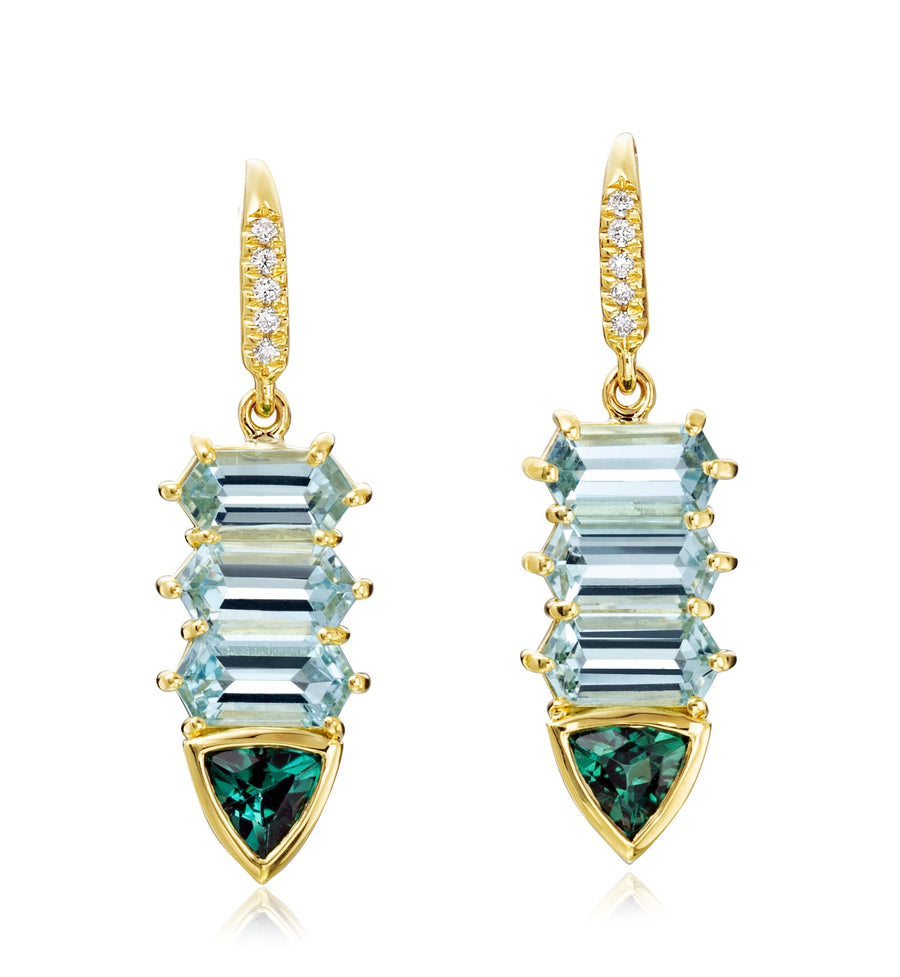 Aquamarine and Green Tourmaline Totem Earrings Drop Lauren K Fine Jewelry   