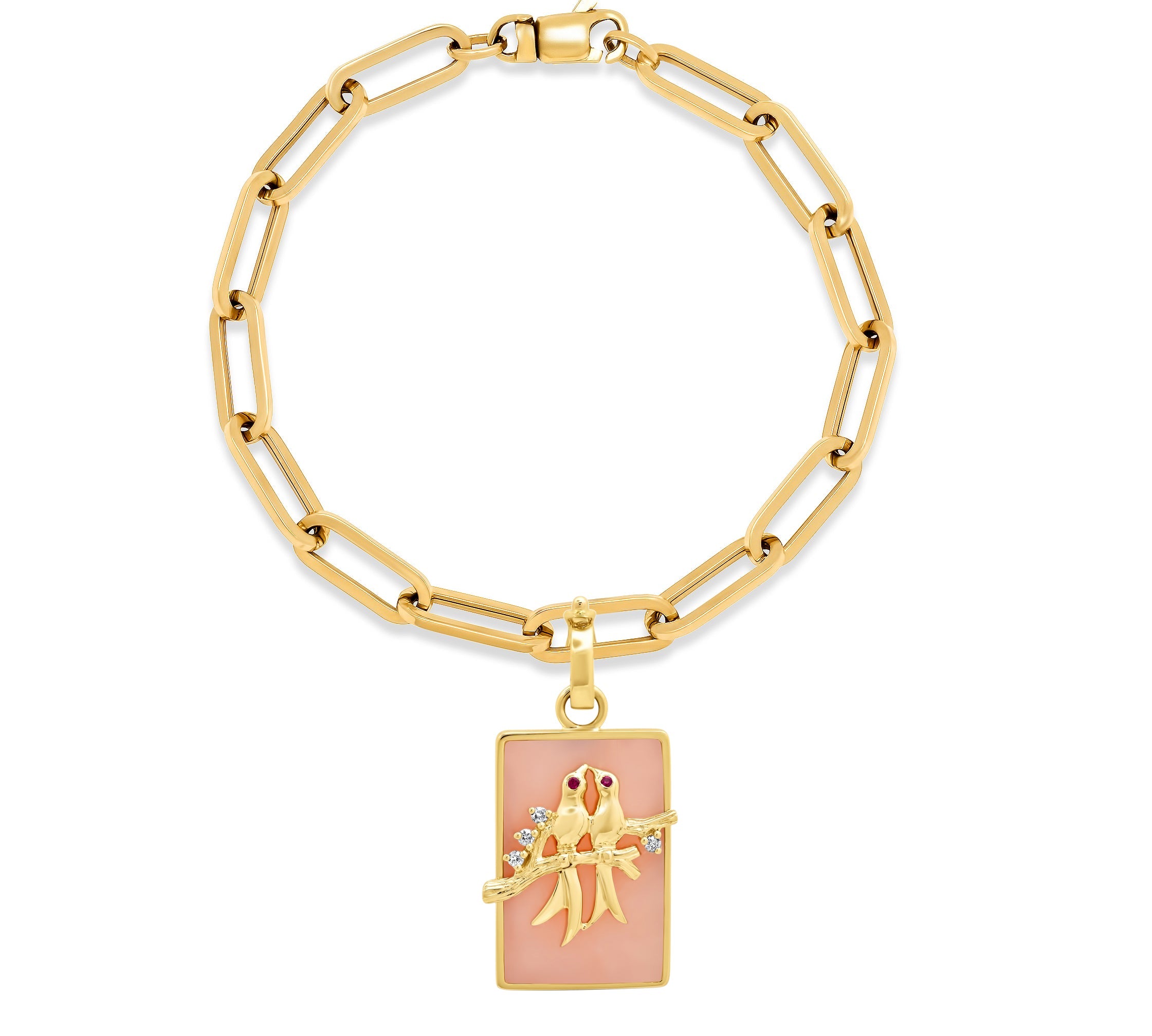 Paperclip Bracelet With Small Lovebirds Pendants Charm Bracelet Helena Rose Jewelry Pink Opal  