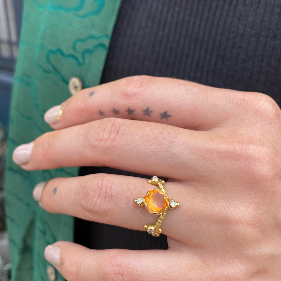 Castle in The Sky Ring, Mexican Fire Opal, Diamonds, 18K Yellow Gold Cocktail Svetlana Lazar   